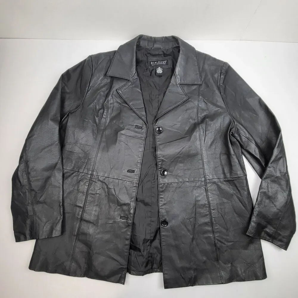 Dialogue Womens 100% Leather Jacket Blazer Button Coat Size XL